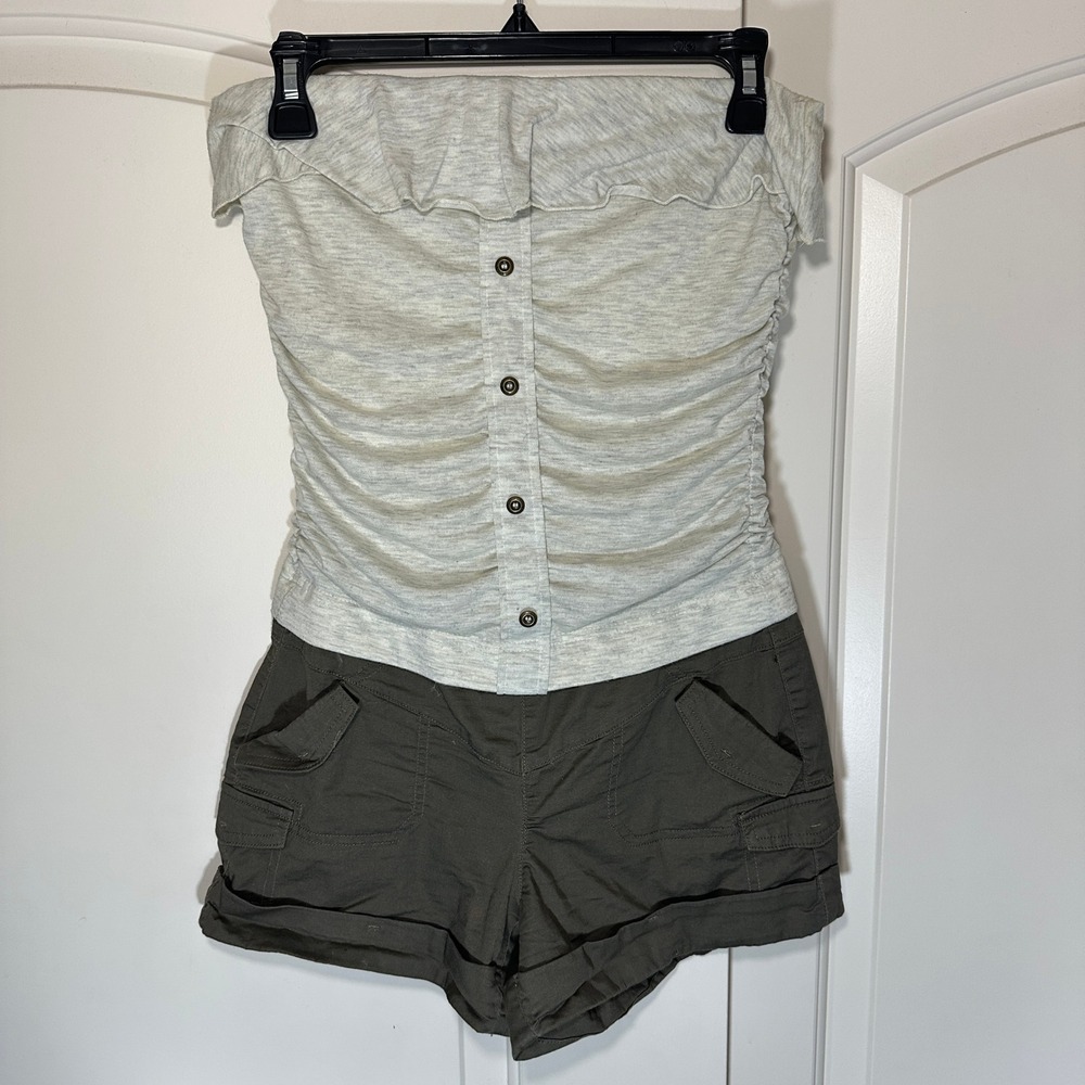 Rewind Strapless Romper Womens S Gray Ruffle Top Brown Cargo Micro Shorts Y2K
